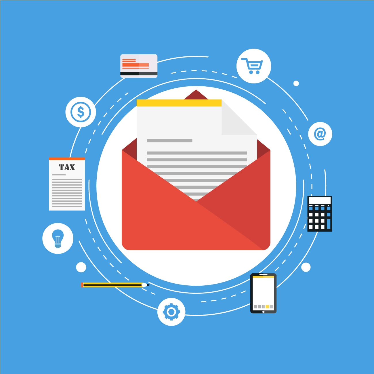 Email automation is denoted by an envelope and multiple sharing icons are in a circle shape revolving around it