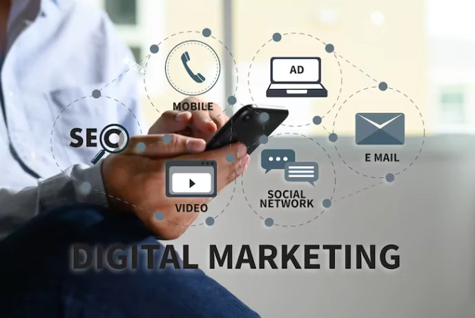 Different icons depict various digital marketing methods, while a man is utilizing them on his mobile device.