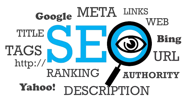 Types of SEO and their advantages are explained. A magnifying glass with an eye inside is used to depict the letter "O".