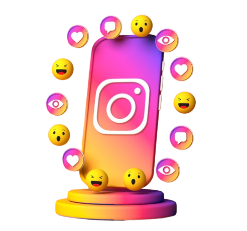 The image is showing a cell phone having Instagram icon and emojis of view post, like post, sharing, etc are in a circle around it