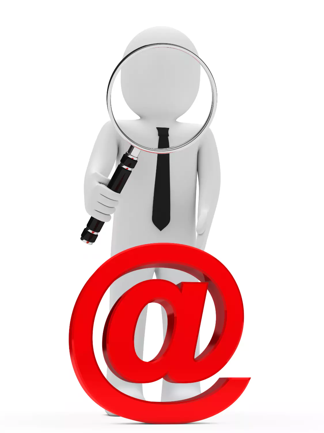 Email analytics and reporting is denoted in this image by a dummy man holding a magnifying glass and looking at email icon which is in red color