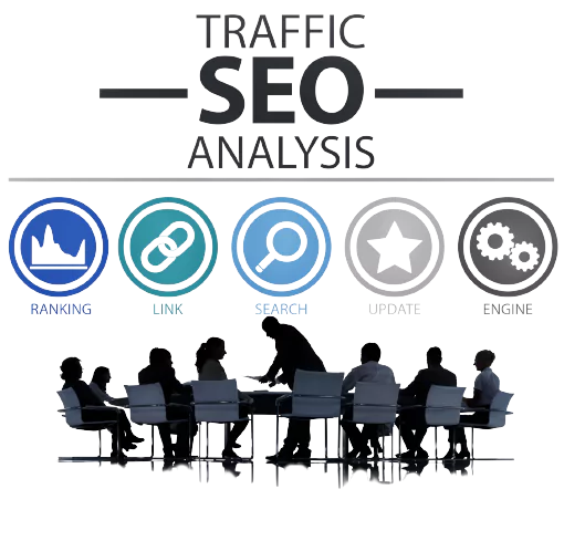 Different icons to show SEO and traffic analysis and a team of people is working on SEO sitting on chairs