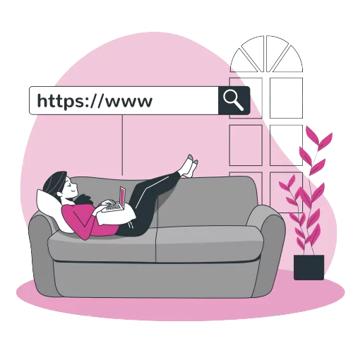 A woman laying on sofa choosing domain and hosting