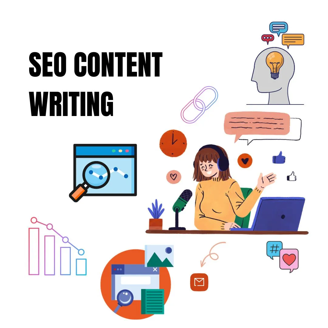 A woman is writing SEO optimized content and several icons are displayed related to content optimization