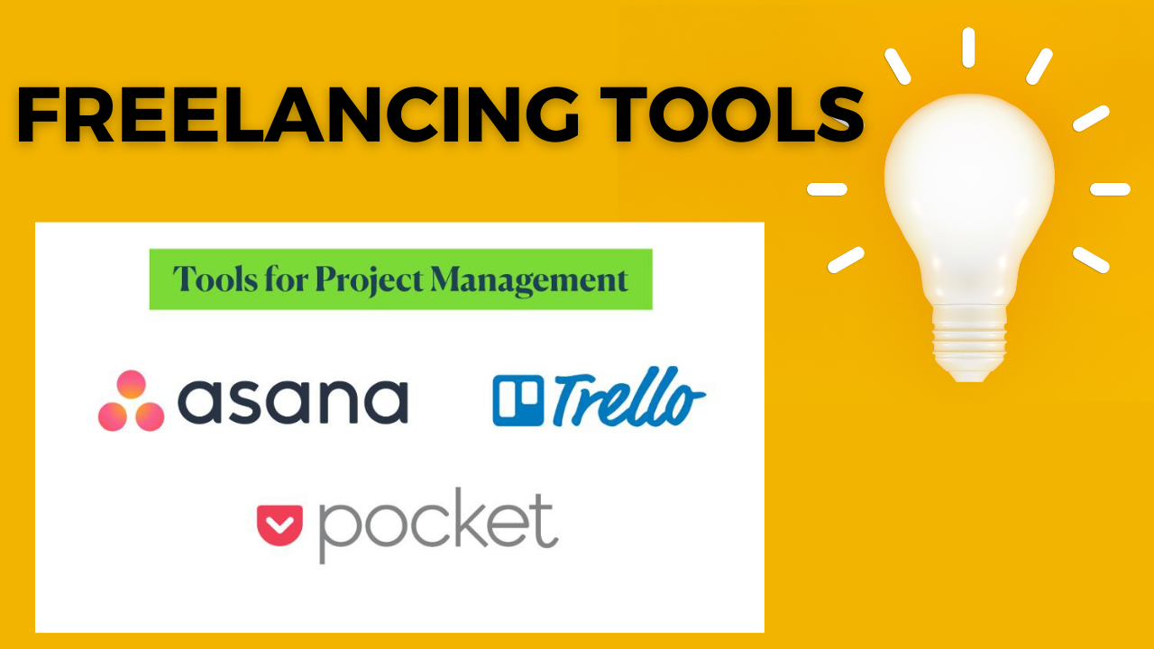 A bulb is blowing at white and yellow background while freelancing project management tools' icons and names are displayed